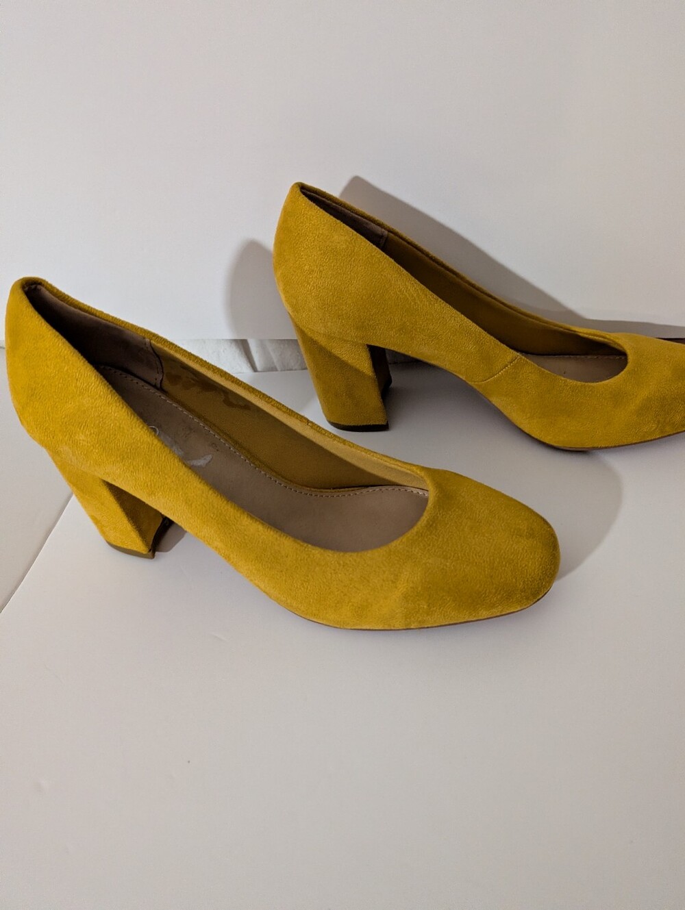 Classic Women's Suede Block Heel Pumps in Mustard Yellow